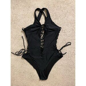 Black Lace-Up One Piece Bathing Suit